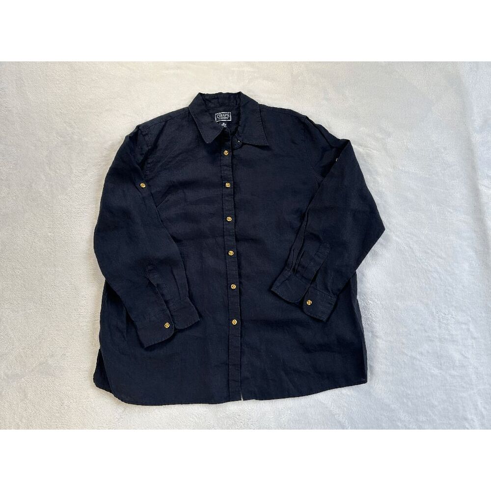Women's Chaps 100% Linen Dark Blue Button Down Roll Tab Sleeves Size 1X EUC